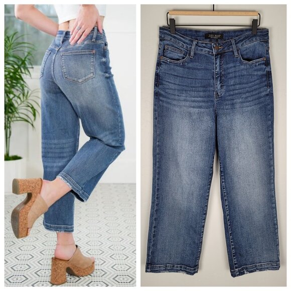Judy Blue Denim - Judy Blue Wide Leg High Rise Crop Jeans Stretch Denim Blue Size 29